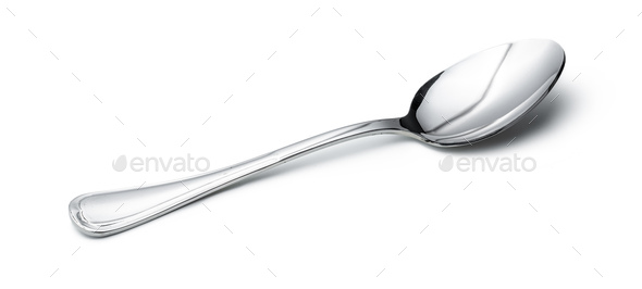 Clean shiny metal spoon isolated on white. Stainless steel small