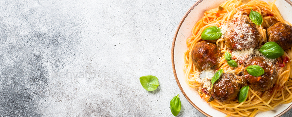 Pasta with Meatballs in tomato sauce top view - Stock Photo - Images