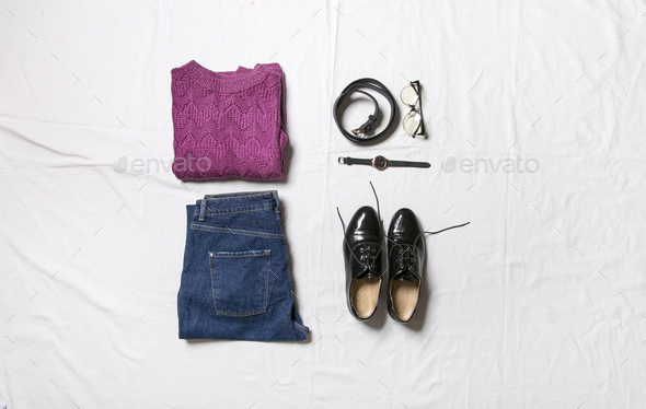 set of clothes and accessories on white background Stock Photo by ...