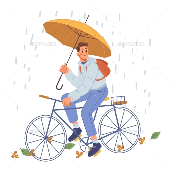 Sad Bike And Rain Man Riding Bicycle Under Rain Boy With Umbrella