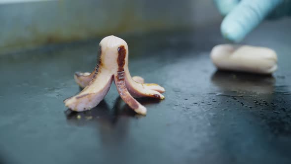 Bbq, Small Childrens Sausages Are Grilled on an Electric Grill To Prepare Food for a Child in a Cafe alt
