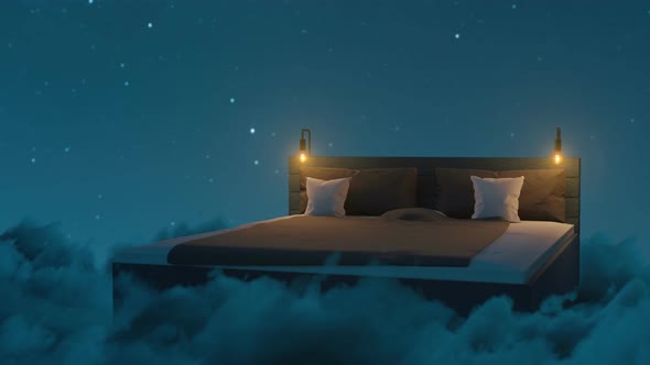 Cozy Bed Over Fluffy Clouds At Night