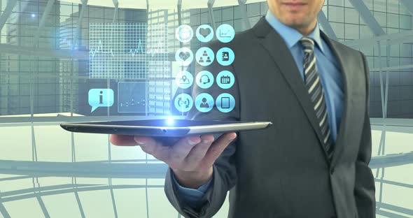 Man showing digitally generated medical icons on tablet alt