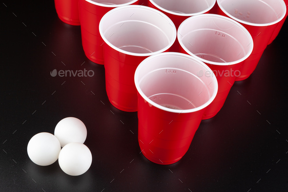 The arrangement of red plastic cups for game of beer pong Stock