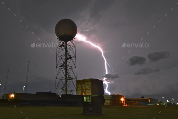 Lightning near a weather radar dome at the National Weather Service in Norman, Oklahoma, USA