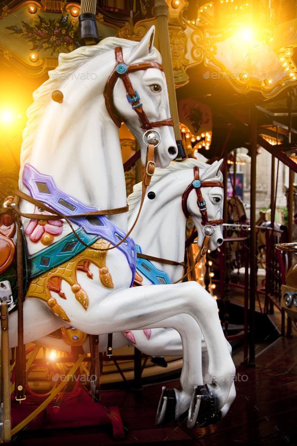 Detail of galloping carousel horses, Avignon, Provence-Alpes-Cote d'Azur, France - Stock Photo - Images