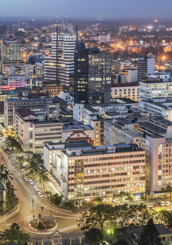 Modern buildings downtown Nairobi, at dusk, Nairobi Area, Kenya, Africa ...