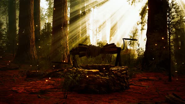 Old Stone Draw Well in the Forest with Fog alt