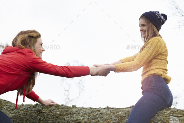 Teenage girls play fighting on tree trunk - Stock Photo - Images