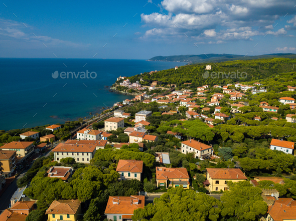 Top view of the city and the promenade located in Castiglioncello in Tuscany. Italy, Livorno - Stock Photo - Images