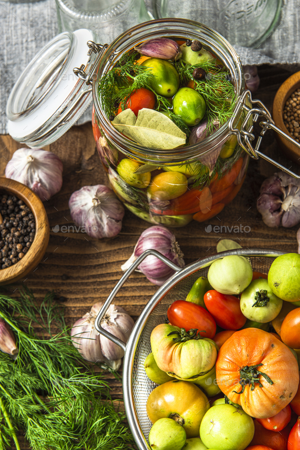Pickled Tomatoes. Vegetable Preservation. Healthy Homemade Pickle - Stock Photo - Images