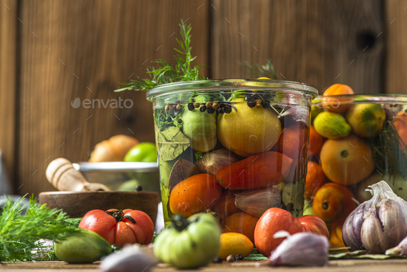 Pickled Tomatoes. Vegetable Preservation. Healthy Homemade Pickle - Stock Photo - Images