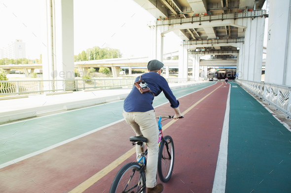 Rear view of male tourist cycling in cycle lane, Seoul, South Korea