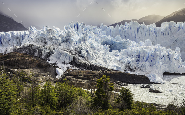 View of mountains and Perito Moreno Glacier, Los Glaciares National Park, Patagonia, Chile - Stock Photo - Images