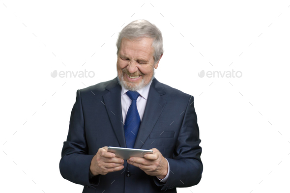Happy cheerful old man with smartphone.