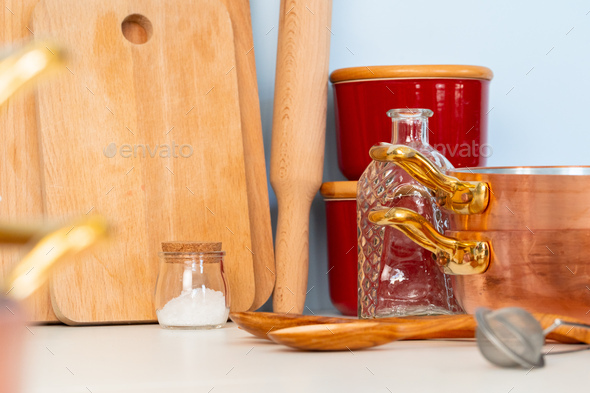 Kitchen utensils on work top, Stock image