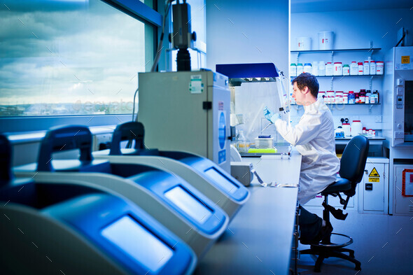 Scientist using computer in lab - Stock Photo - Images