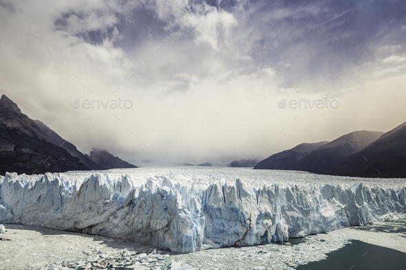 View of Perito Moreno Glacier and mountains in Los Glaciares National Park, Patagonia, Chile - Stock Photo - Images