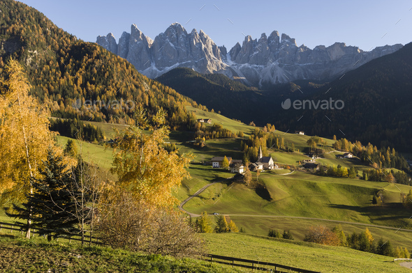 Scenic view of Odle mountains, Santa Maddalena, Funes Valley, Dolomites, Alto Adige, Italy, Europe