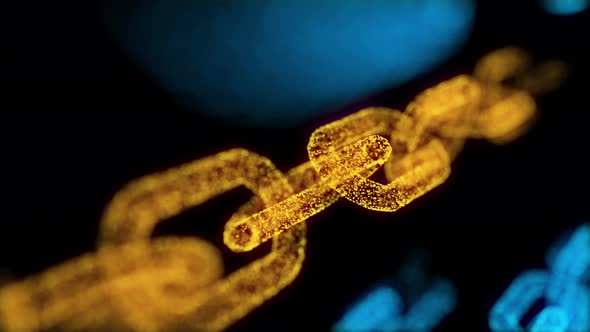 Blockchain crypto currency connected multi-function Golden chain particle closeup	
