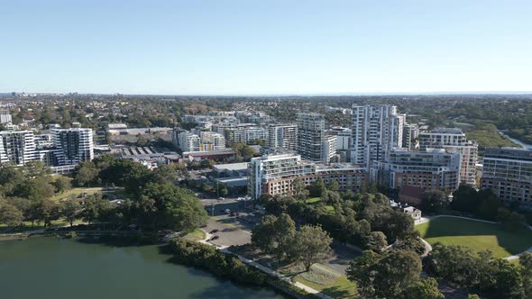 Aerial view of south west of Sydney residential apartment buildings at Wolli Creek, New South Wales alt