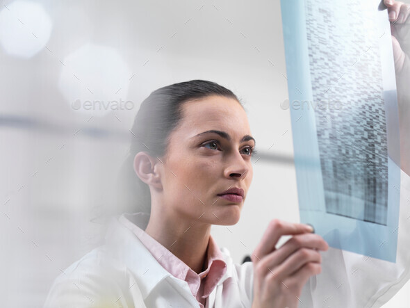 Scientist examining DNA sequencing gel