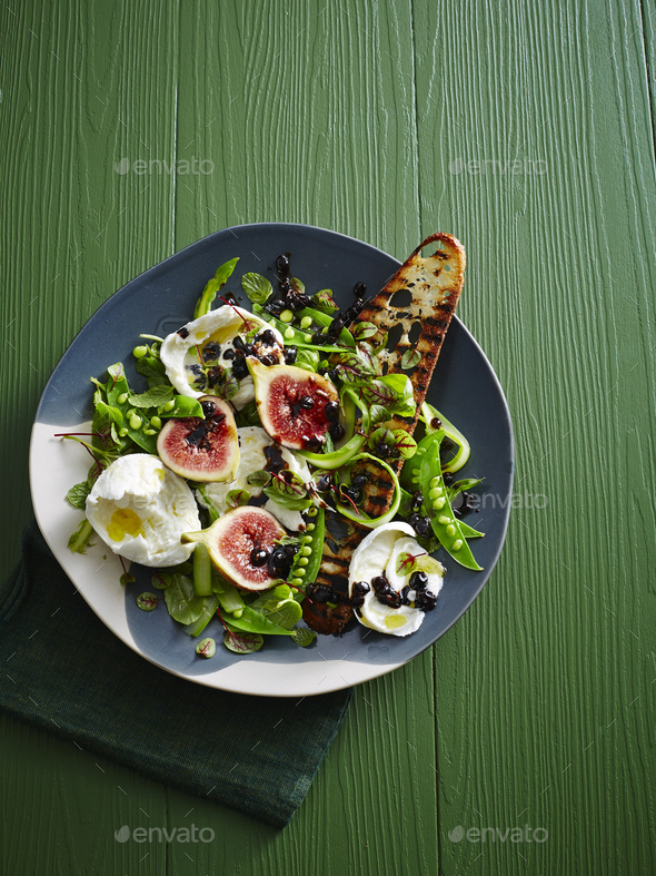 Plate of pea Salad - figs, balsamic glaze, burrata, micro herbs, asparagus and grilled sourdough