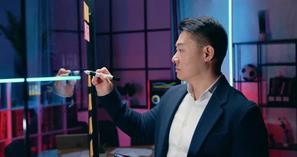 businessman which writing important notes on glass wall in evening office alt