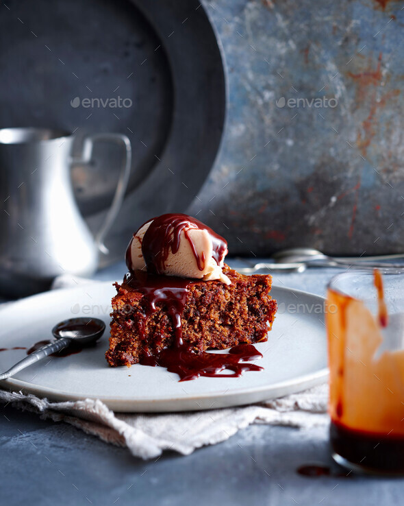 Plate of fruit cake and ice cream Stock Photo by ImageSource PhotoDune