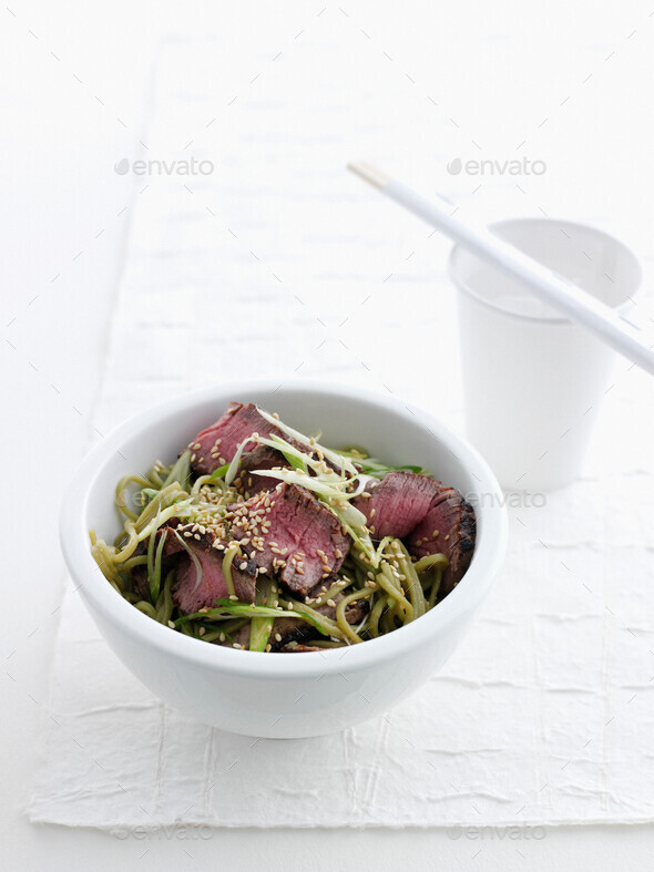 Bowl of beef and green tea noodles