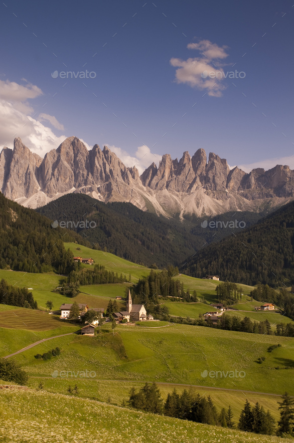 Landscape with Santa Maddalena and mountains, Funes Valley, Dolomites, Italy