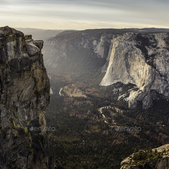 Elevated view of valley below rock formations, Yosemite National Park, California, USA