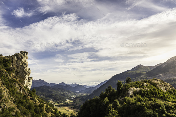 Mountain valley landscape and rock formations, Futaleufu, Los Lagos region, Chile
