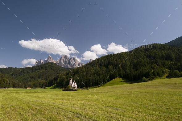 View of St. Johann Church and Odle mountains, Funes Valley, Dolomites, Italy