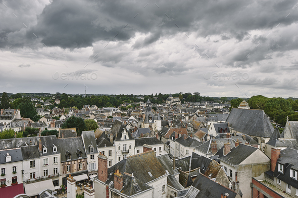 High angle cityscape of traditional townhouses and rooftops, Amboise, Loire Valley, France