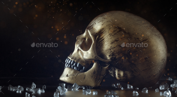 Broken glass pieces and golden skull on black background. Charming ambiance. 3D illustration