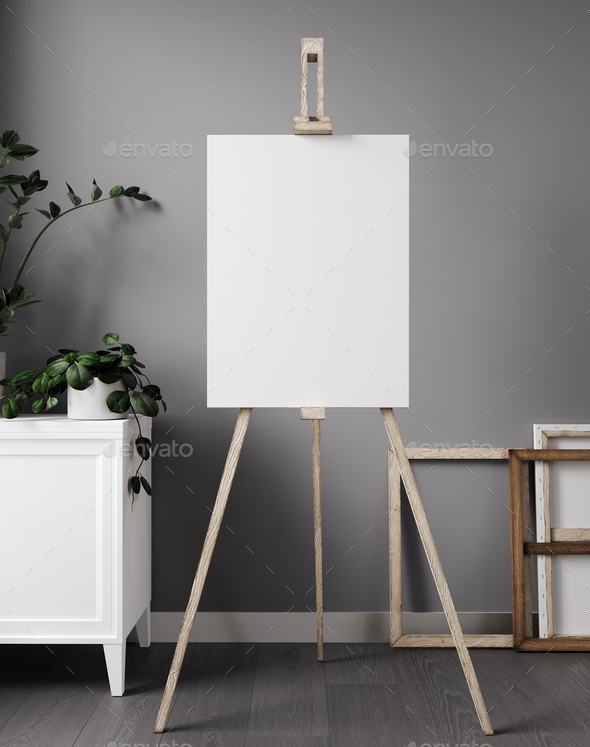 White blank canvas on wooden easel, in minimal living room interior. 3d  rendering Stock Photo by lytvynliliia