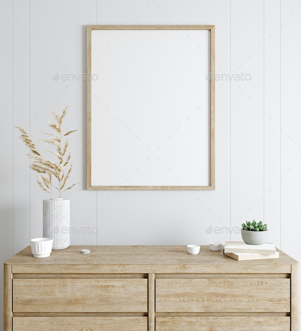 Mockup poster, white background, tv stand with flowers and home decoration