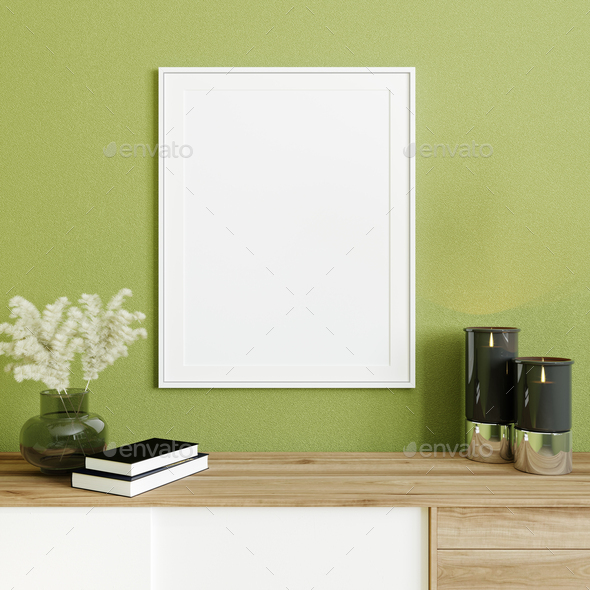 Poster frame mockup in modern interior background, green wall with wooden console, 3d render
