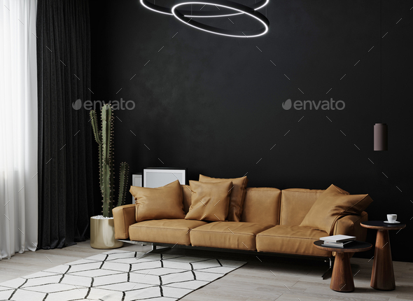 3d Render Of A Dark Living Room With, Light Brown Leather Couch Living Room