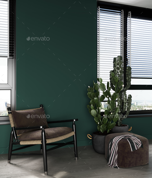 Dark green home interior mock-up with brown chair and cactus in living room, 3d render