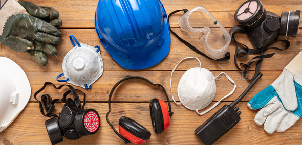 Work health and safety flat lay. Labor personal protective gear for industry and construction site.