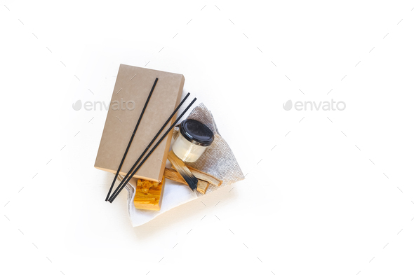 Wellness, mental health. Gift for meditation at home with palo santo care aromatherapy,