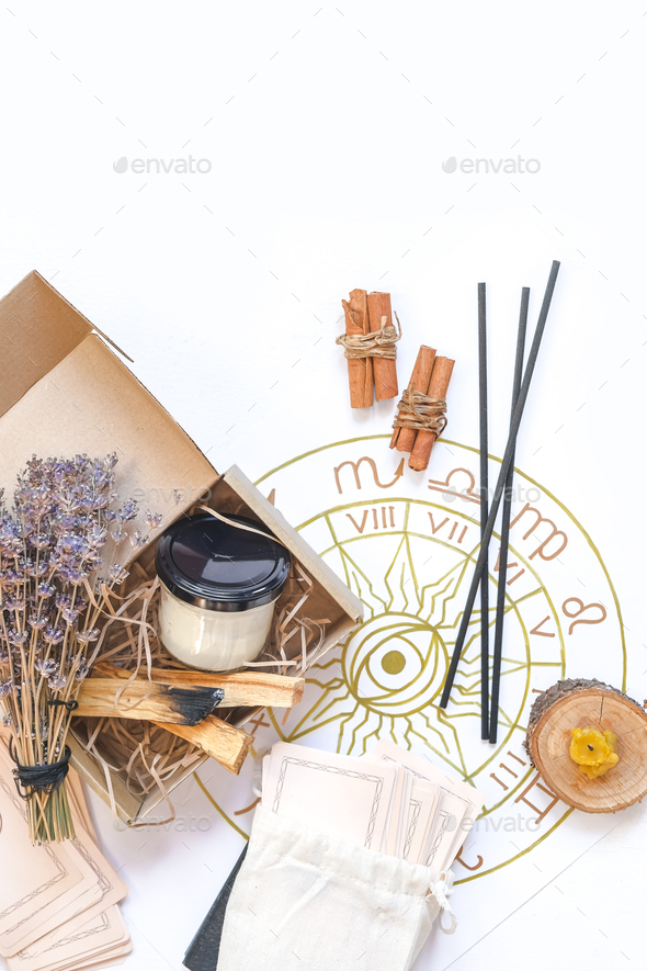 Wellness, mental health. Gift for meditation at home with palo santo care aromatherapy,
