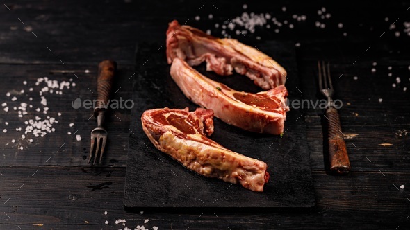 Food banner. Fresh raw lamb ribs. Halal meat. Raw meat. Lamb rack