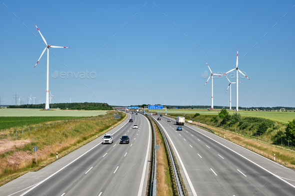 German motorway with wind turbines - Stock Photo - Images