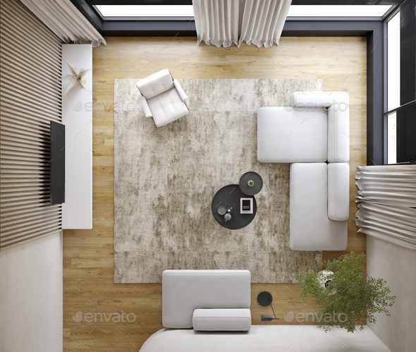 Interior of modern living room top view 3D rendering - Stock Photo - Images