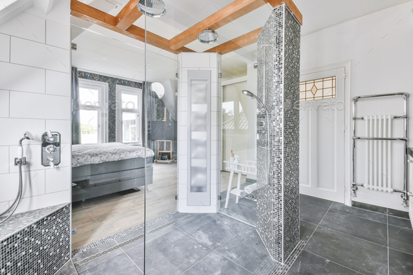 Shower room with glass doors - Stock Photo - Images