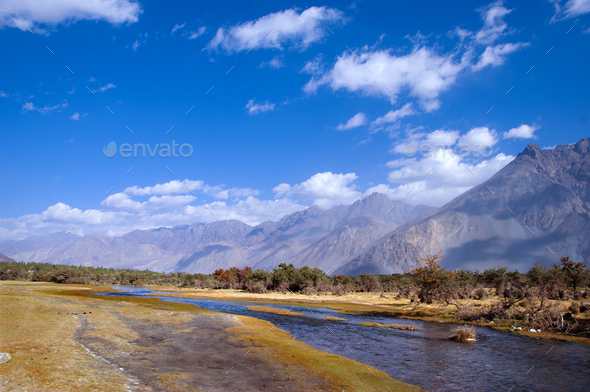 Landscape of mountain river, Mountain stream, Ladakh - Stock Photo - Images