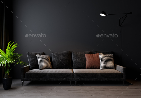 Modern living room interior background, dark wall, Scandinavian style Stock  Photo by lytvynliliia